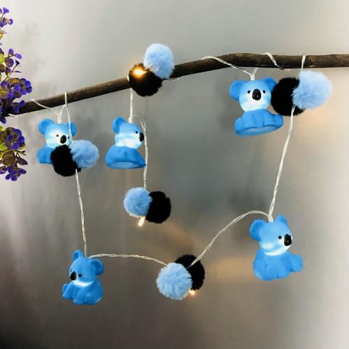 LED String Light with Pom Poms & Painted Cartoon Animals Koala Blue 1.65m 10 LEDs