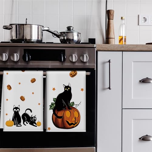 Halloween Cat Dish Towels Set - 4 Pack Absorbent Microfiber Kitchen Towels 14x21 Inches