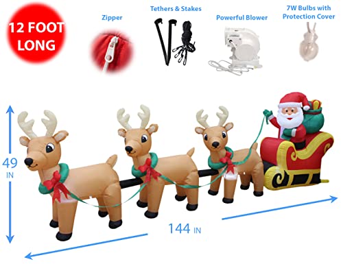 12 Ft Lighted Inflatable Santa on Sleigh with 3 Reindeer for Christmas Yard Decor