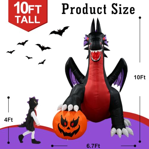 10Ft Halloween Inflatable Dragon with Pumpkin Pterosaur Outdoor Yard Decoration