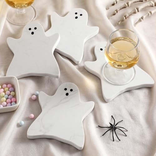 Halloween Ghost Marble Coasters Set - White, 4 Pieces, 4.7 x 3.9 Inches