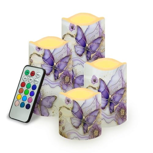 Purple Butterfly LED Pillar Candles Set of 4 with Remote & Timer - Color Changing Flameless Decor
