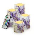 Purple Butterfly LED Pillar Candles Set of 4 with Remote & Timer - Color Changing Flameless Decor