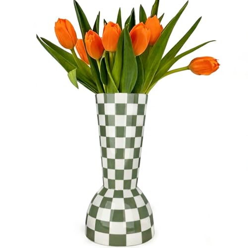 Sage Green Checkered Vase - Modern Ceramic Flower Vase for Home Decor & Centerpieces