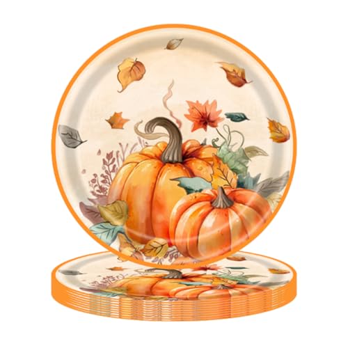 Fall Harvest Pumpkin & Maple Leaf Disposable Paper Plates - 16 Pack, 7 Inch Thanksgiving Party Dinnerware