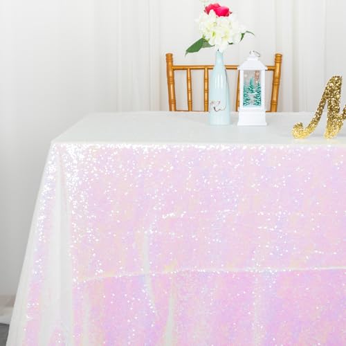 Iridescent White Sequin Tablecloth 60x102 Inch Rectangular Mermaid Party Decor