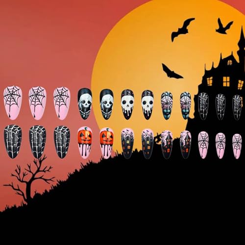 Halloween 36 Press-On Nails Spider Web Skeleton Skull Medium Almond Fake Nails Set - Pink