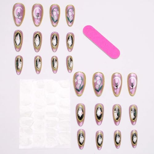 Halloween Medium Almond Press-On Nails W15 Purple Gold Frame Ghost & Cat Eye Design - 24Pcs