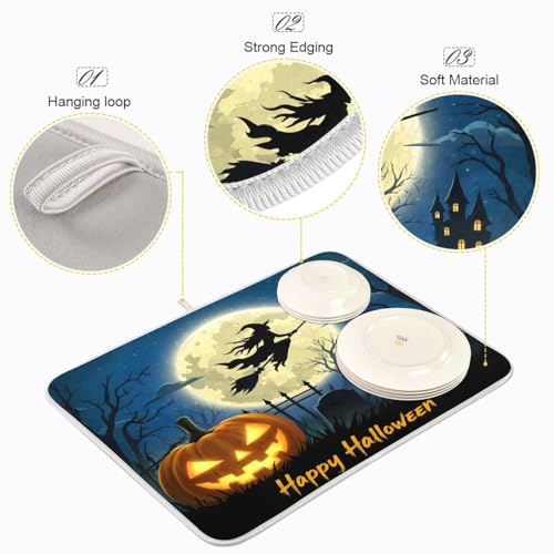 Halloween Witch Bat Dish Drying Mat - Extra Large 16 x 18 inches - Absorbent Kitchen Mat - Fall Decor
