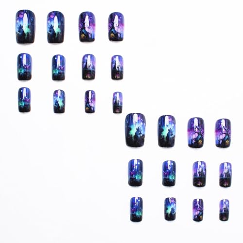 Halloween Press-On Nails Medium Square Fake Nails 24P Set - Witch Forest Design - Variation 27