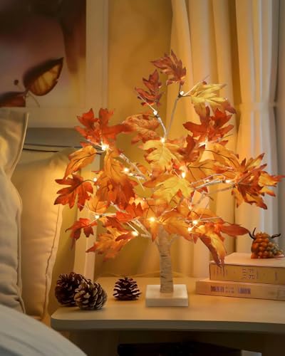 Light Up Artificial Maple Tree Decor - 22 Inch Thanksgiving Indoor Outdoor Pack of 2