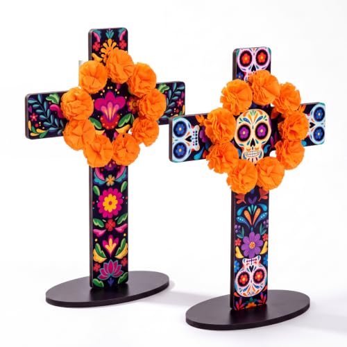 Day of the Dead Table Decor Set - Marigold & Sugar Skull Wooden Crosses, 2 Pieces