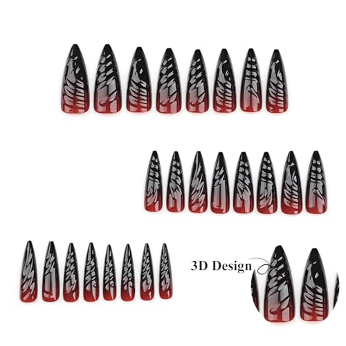 Press On Nails Long Stiletto Goth Red Black Vampire Design 24 pcs - Variation 06102Red&Black