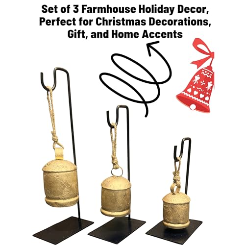 Rustic Handmade Christmas Cowbell Set with Metal Stand - Holiday Home Decor