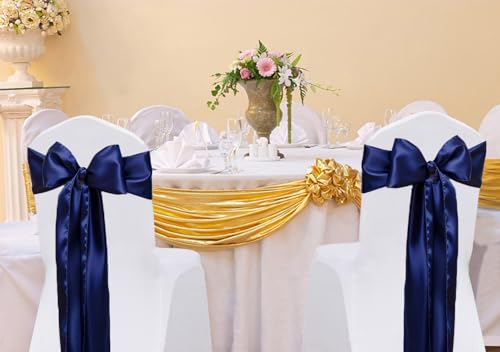 50 Pcs Satin Navy Blue Chair Sashes Bows 7x108 Inches for Weddings & Events - Variation of Navy Blue