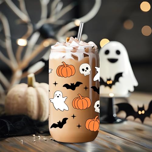Halloween Ghost & Bat Glass Cup - 31oz Iced Coffee Tumbler with Lid & Straw