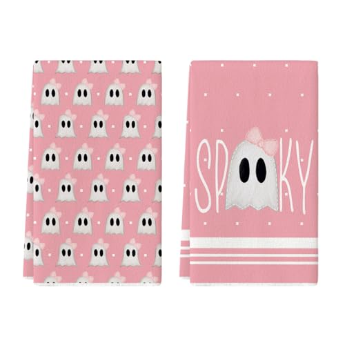 Pink Ghost Halloween Kitchen Towels Set of 2 - 18x26 Inch Artoid Mode