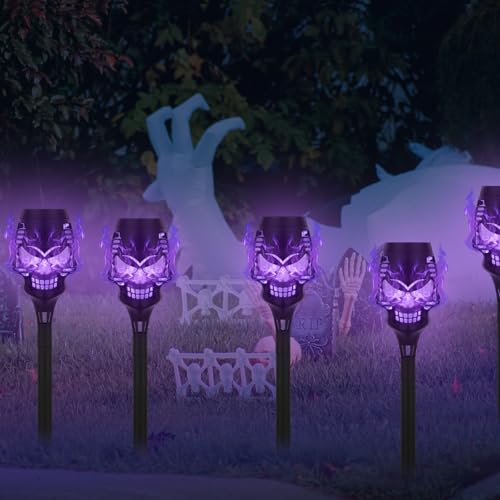 Purple Skull Solar Torch Lights 8 Pack Outdoor Halloween Decor - Flickering Flame