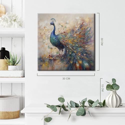Colorful Peacock Wall Art Canvas Prints Set - 12x12 Inches, 3 Pieces - Elegant Bedroom & Bathroom Decor