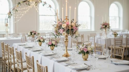 2pcs Gold 5-Arm Candelabra Centerpiece - Elegant Metal Candle Holders for Weddings & Events Variation of 5Arm / Gold / 2