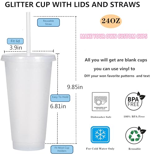 15 Pack Glitter Water Bottles with Straws and Lids, 24oz Reusable Travel Tumblers - White Glitter