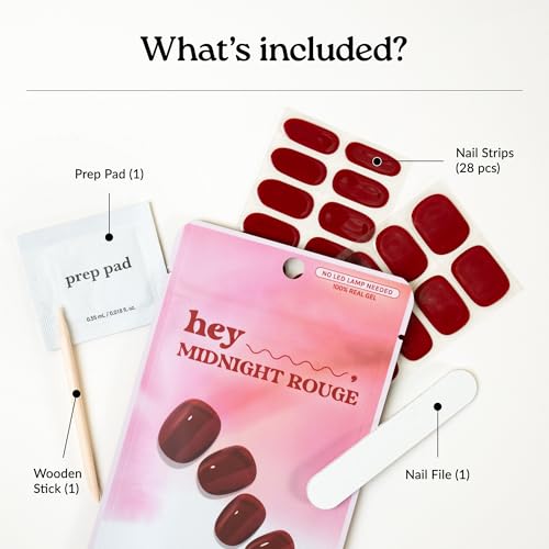 Heyhae Semi Cured Gel Nail Strips - Midnight Rouge, 28 Pieces with Nail Tools