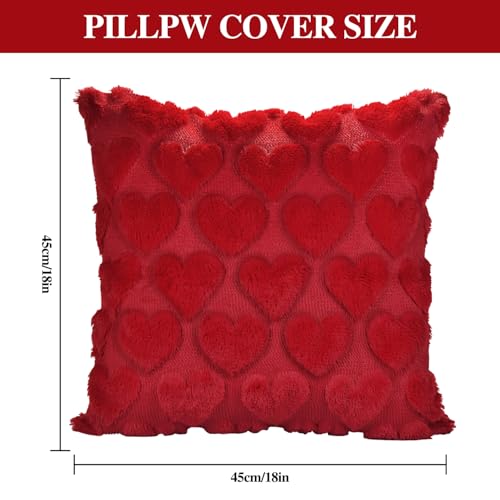Valentine's Pillow Covers Set of 2 - 18x18 Inch Red Heart Plush Decor for Sofa Couch Bed