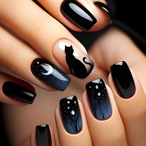 Halloween Press On Nails Short Square Black Cat & Star Moon Design Style 17 - Glossy Gradient Finish, Full Coverage, 24 Pcs