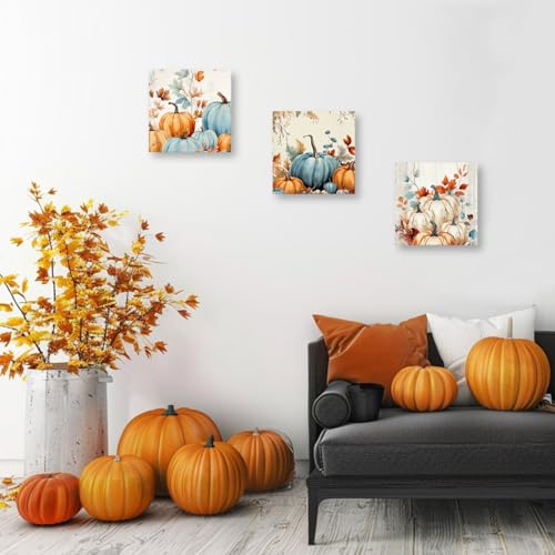Pumpkin Wall Art Canvas Prints - Autumn Pumpkin Posters - 16x16 Inch Set - Orange - 3 Pieces