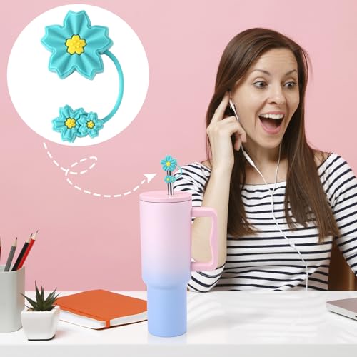Reusable Silicone Flower Straw Toppers for 10mm Tumblers - Teal & Cherry