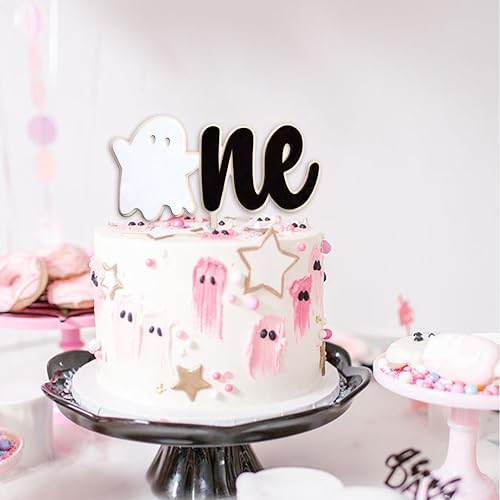 Ghost Cake Topper with Stars and Heart - Halloween First Birthday Decoration - Black & White Variation