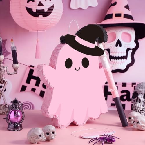 Lovely Pink Ghost Piñata Halloween Party Decoration with Bat Stick & Blindfold - Halloween Piñata Set