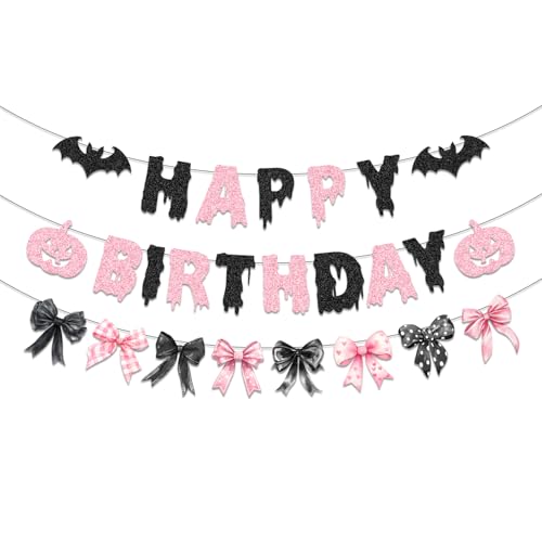 Pink Halloween Decorations Banner with Glitter Bow - Spooky Birthday Party Decor for Girl - Bow Boo Variation
