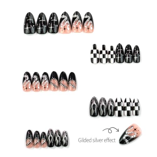 Gothic Press On Nails Set - Medium Almond Black 3D Chrome Metallic Fake Nails - Variation Gothic-1