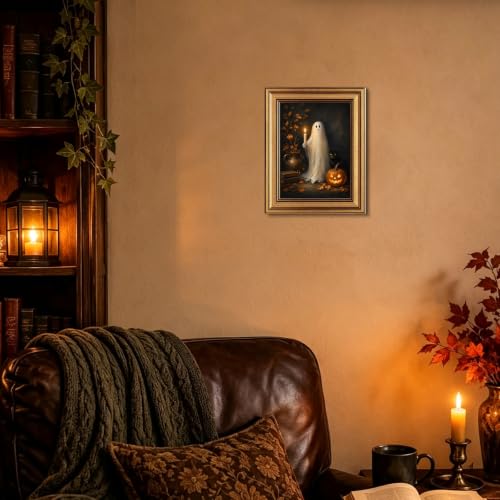 Halloween Ghost Wall Art with Black Cat - Gold Framed Canvas Decor - Variation of Ghost Holding Candle