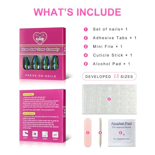 Holographic Blue Purple Coffin Nail Set Mirror Chrome Fake Nails with Variation - Green Purple