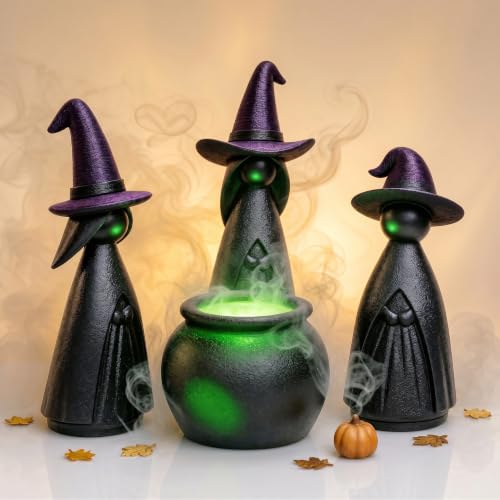 Green Halloween Witch Cauldron Figurine Set - Lighted Resin Miniatures for Indoor Outdoor Decor