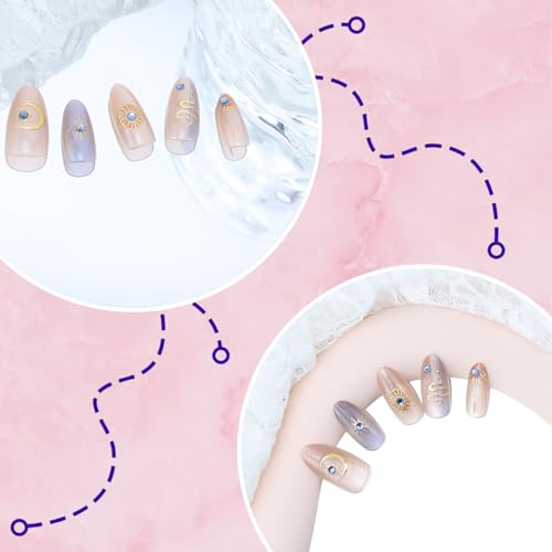 Star Moon Press On Nails - 30Pcs Medium Almond Fake Nails with Rhinestones & Variation 6