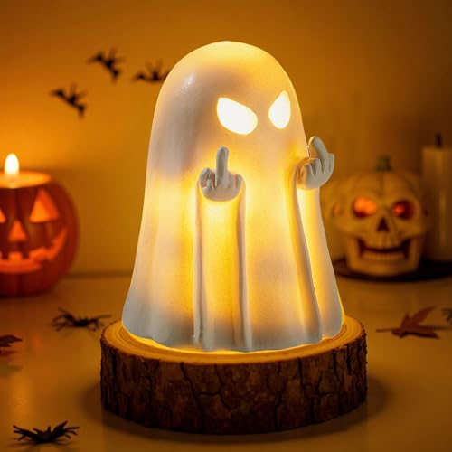 Light Up Ghost Figurine - 5.1 Inch Cute Spooky Halloween Decor, Indoor & Porch Resin Statue - White