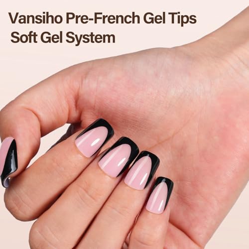 Deep French Gel Fake Nails Short Square Black French Tips - 150Pcs
