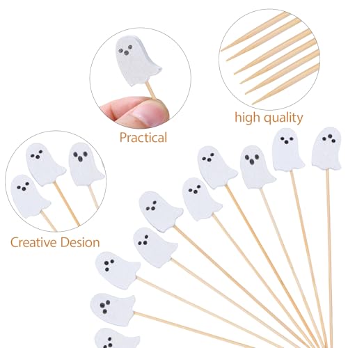 Halloween Ghost Cocktail Picks - 100 Natural Bamboo Toothpicks for Appetizers & Decorations