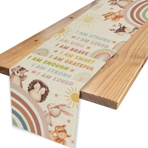 Rainbow Table Runner 13x36 Inches - Rustic Colorful Cartoon Animal Boho Decor