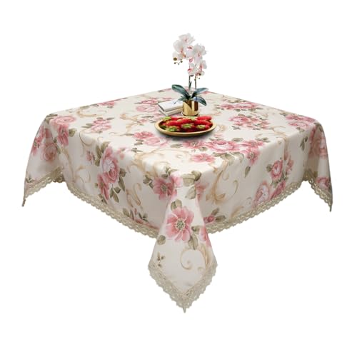 Red Floral Square Tablecloth 38x38 Inch Waterproof Spillproof Kitchen & Dining Cover - Clr 050