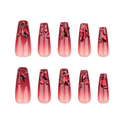 Halloween XL Red Nails Press On Long Coffin Fake Nails with Diamond Design - Red Diamond Variation