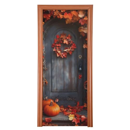 Thanksgiving Wood Door Cover - Stretch Fabric Porch Decoration 35x79 In - Holiday Door Cover