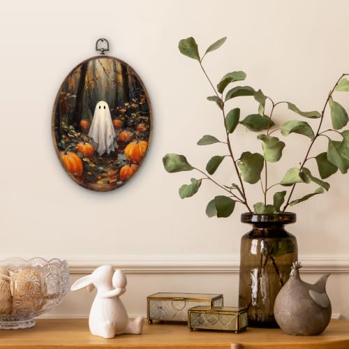 Ghost Pumpkin Oval Wall Art Decor - Fall Halloween Wall Hanging - 8.5x11 Inch - Variation: Ghost-9
