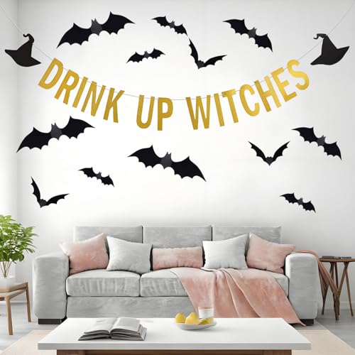 Halloween Banner with Bat Stickers - Gold Drink Up Party Decorations Indoor