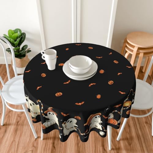 Halloween Round Tablecloth 60 Inch Ghost Jack-o'-Lantern Bats Water-Resistant Fabric - Ghost Variation