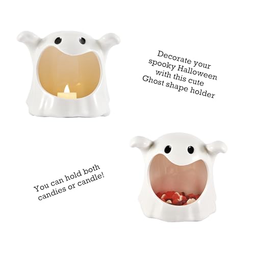 White Ghost Ceramic Candy Bowl Holder with Large Opening for Halloween Decoration & Trick or Treat