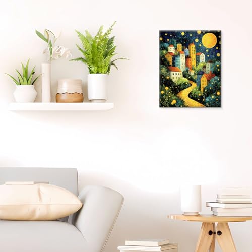 Moonlit Village Canvas Wall Art - Whimsical Landscape, 8x10 Inches, Variation 16